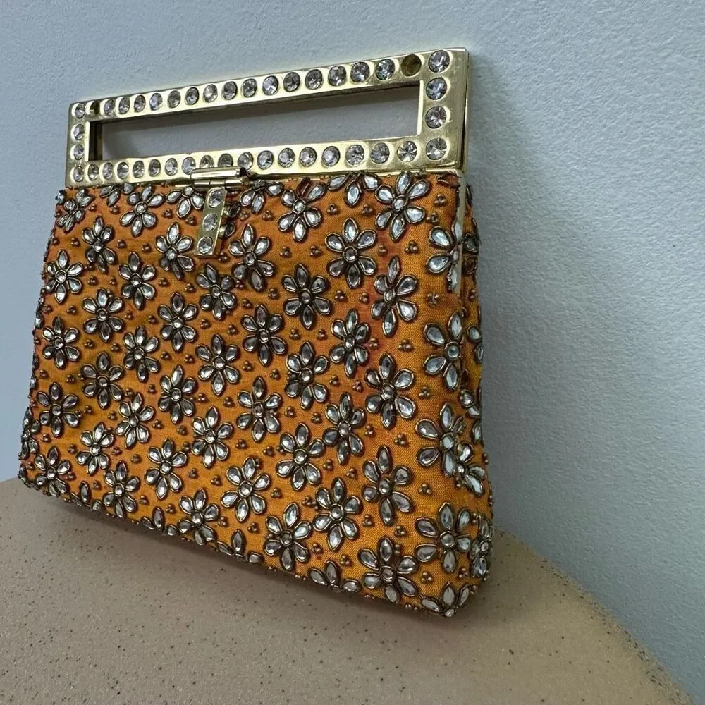 Meera Mahadevia Fully Embellished Satin Marigold Yellow Clutch Purse